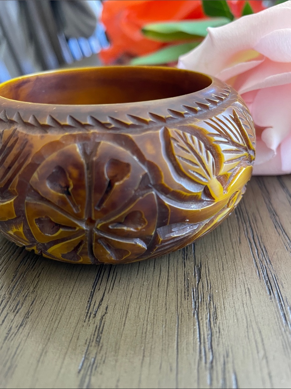 Bakelite Hand-Carved Floral Resin Bangle Bracelet in Amber